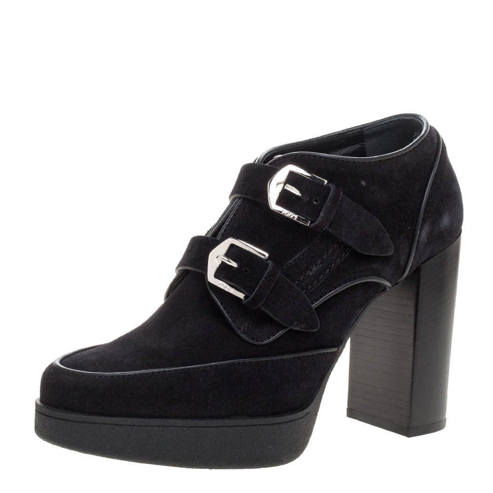 Pre Owned Tod's Black Suede Leather Buckle Block Heel Ankle Booties Size 37.5 