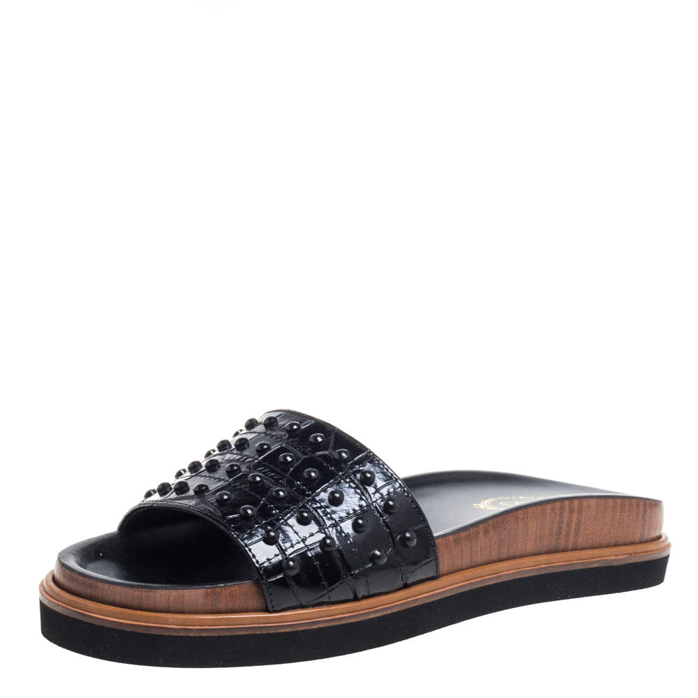Tod's Black Croc Embossed Leather Fussbett Gommino Flat Slides Size 36
