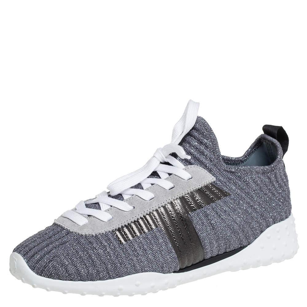 Pre Owned Tod's Metallic Grey/Black Knit Fabric And Leather Sneakers Size 40