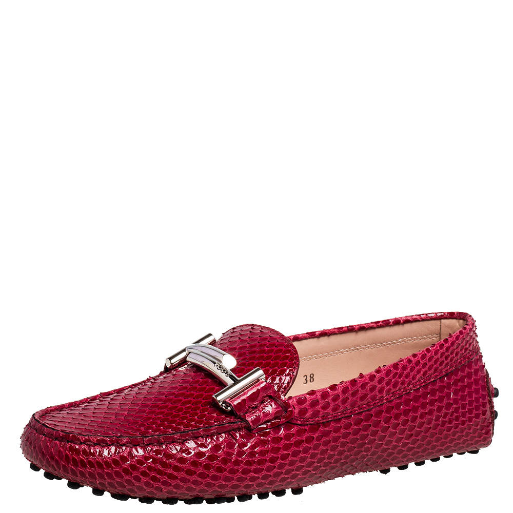 Pre Owned Tod's Red Python Double T Slip On Loafers Size 38