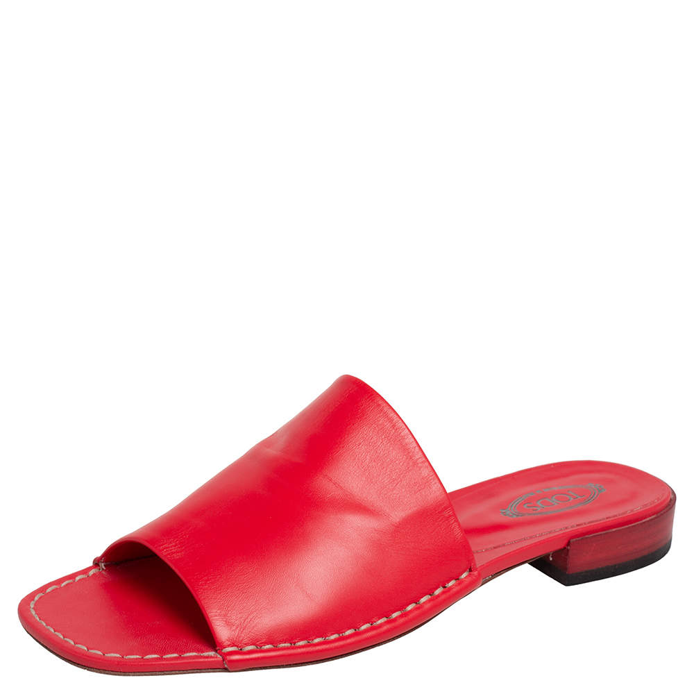 Tod's Red Leather Slide Sandals Size 39