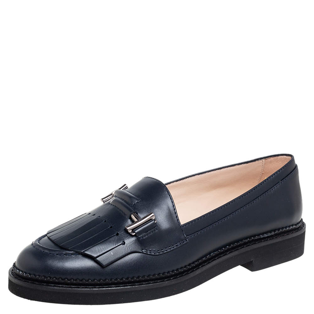 Pre Owned Tod's Navy Blue Leather Fringed Loafers Size 39.5