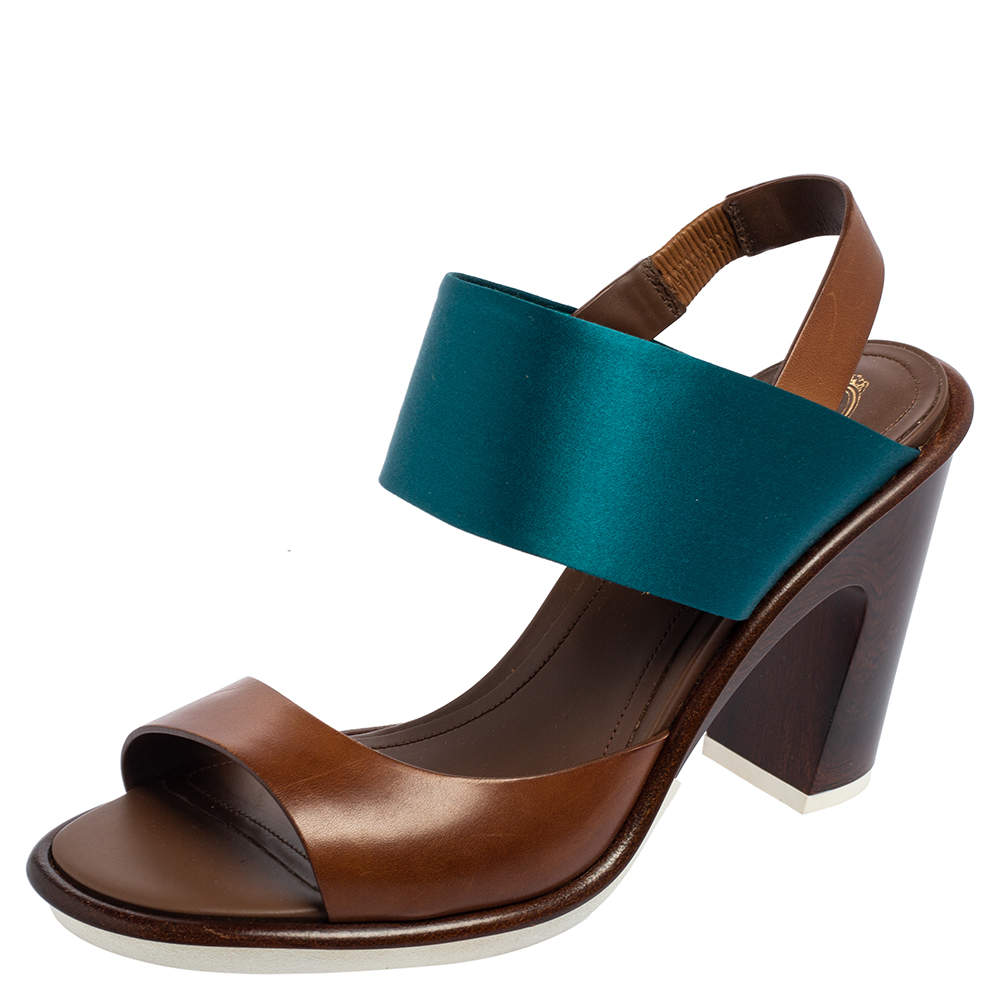 Tod's Teal Blue/Brown Leather and Satin Block Heel Slingback Sandals Size 40.5