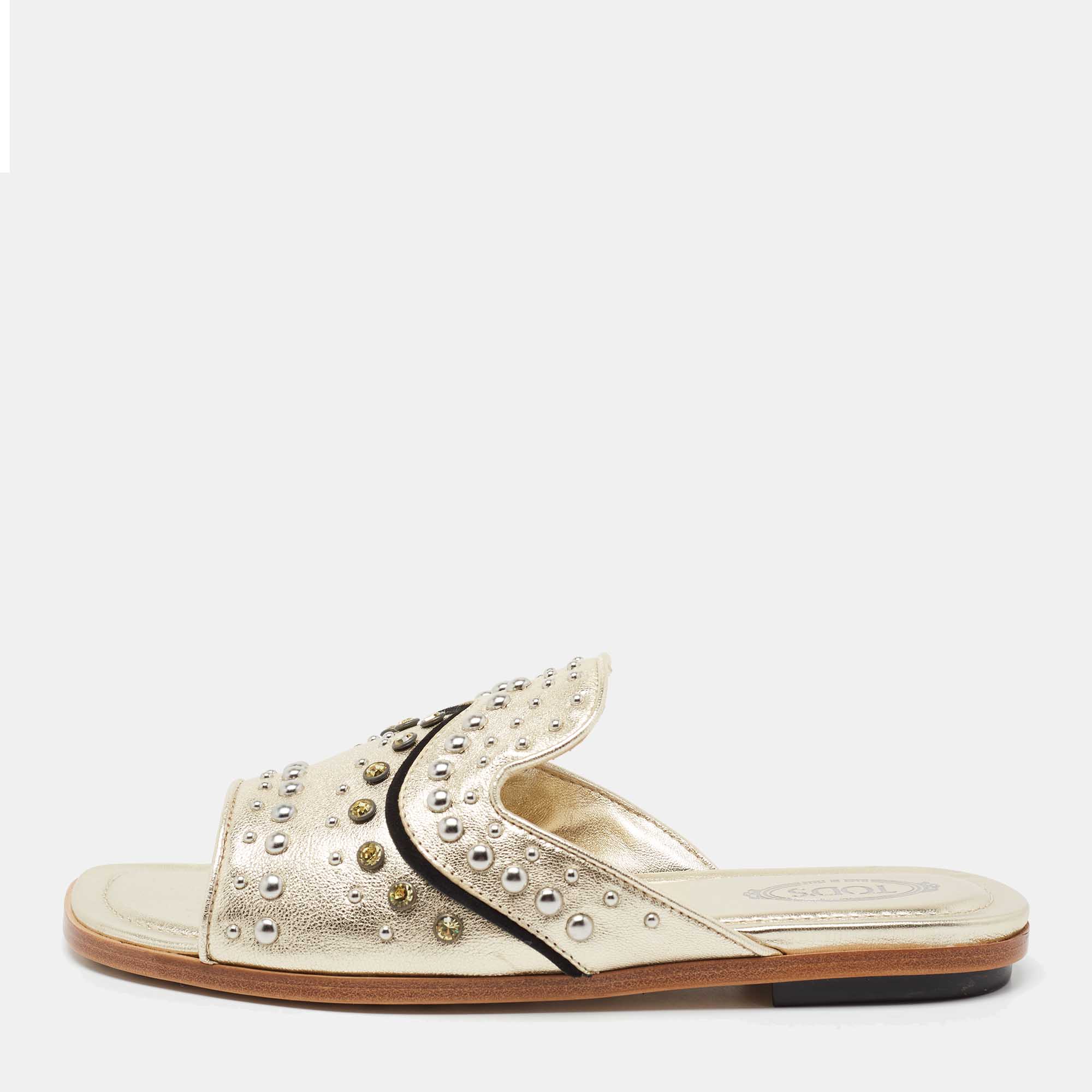 Pre Owned Tod's Metallic Gold Leather Studded Embellished Slide Flat Sandals Size 37