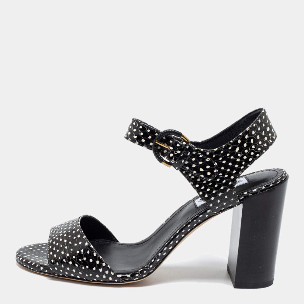 مملوكة مسبقًا Tod's Black/White Python Embossed Leather Ankle Strap Sandals Size 38.5