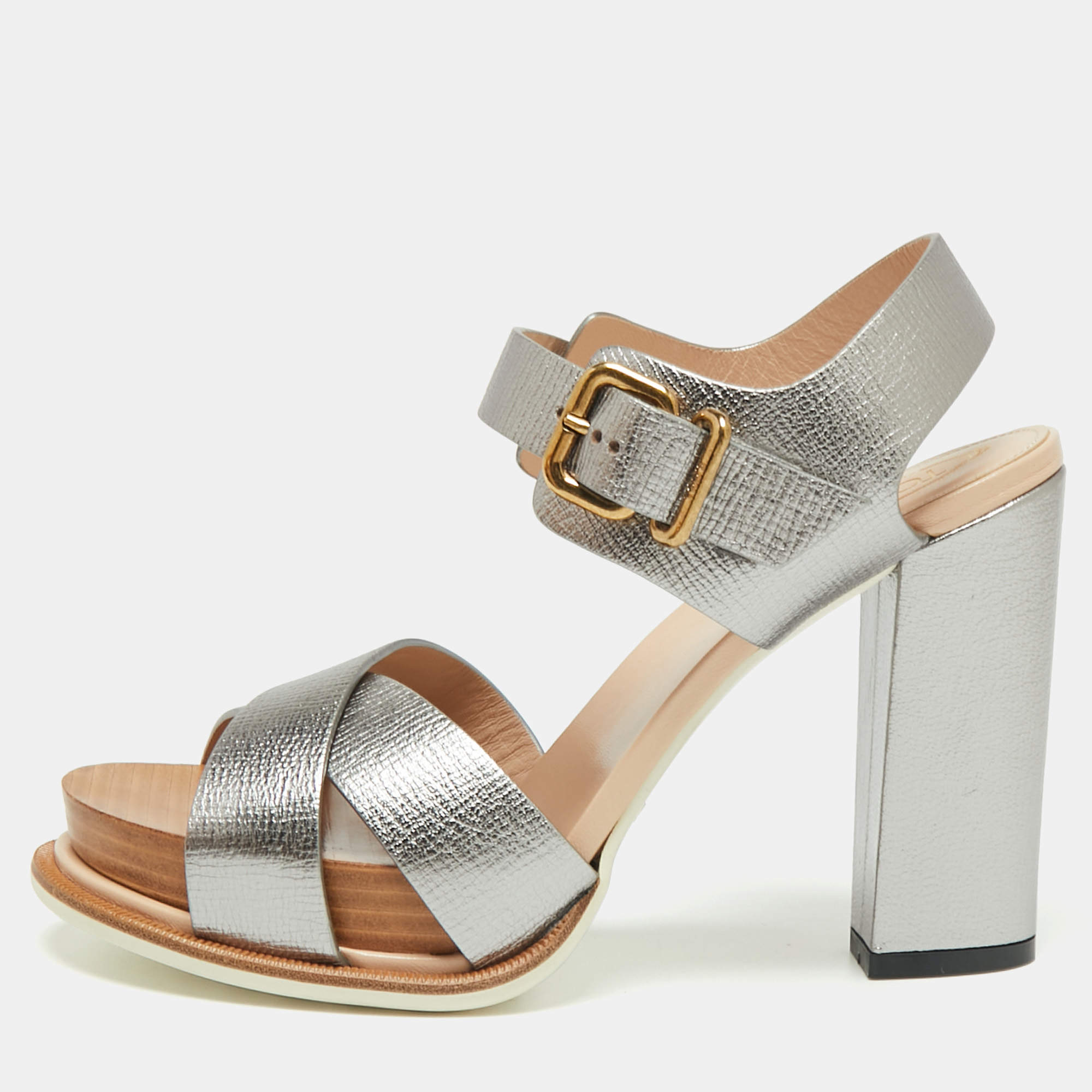 Tod's Metallic Silver Leather Criss Cross Platform Ankle Strap Sandals Size 37.5