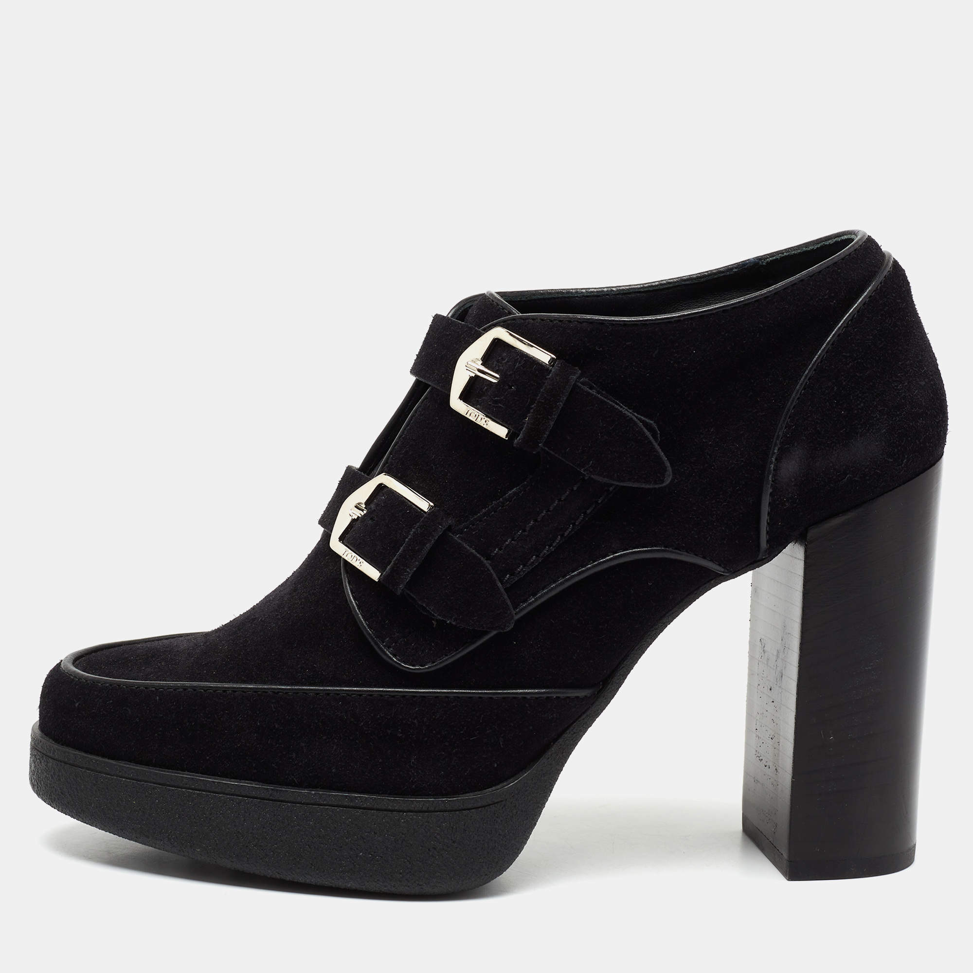مملوكة مسبقًا Tod's Black Suede Buckle Block Heel Booties Size 39.5 