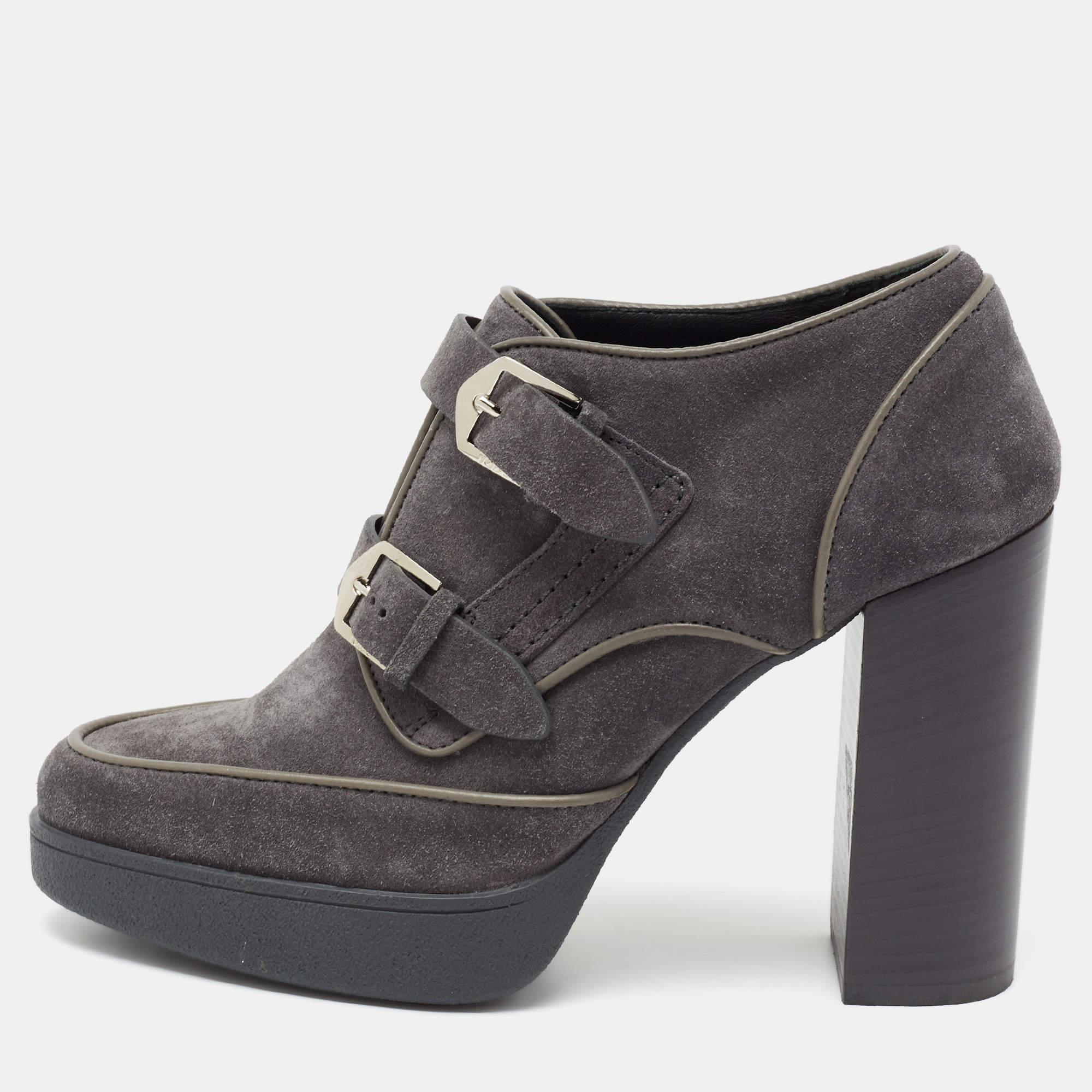 Pre Owned حذاء بوت تودز سويدي رصاصي بحزام مزدوج بإبزيم كعب سميك مقاس 38.5