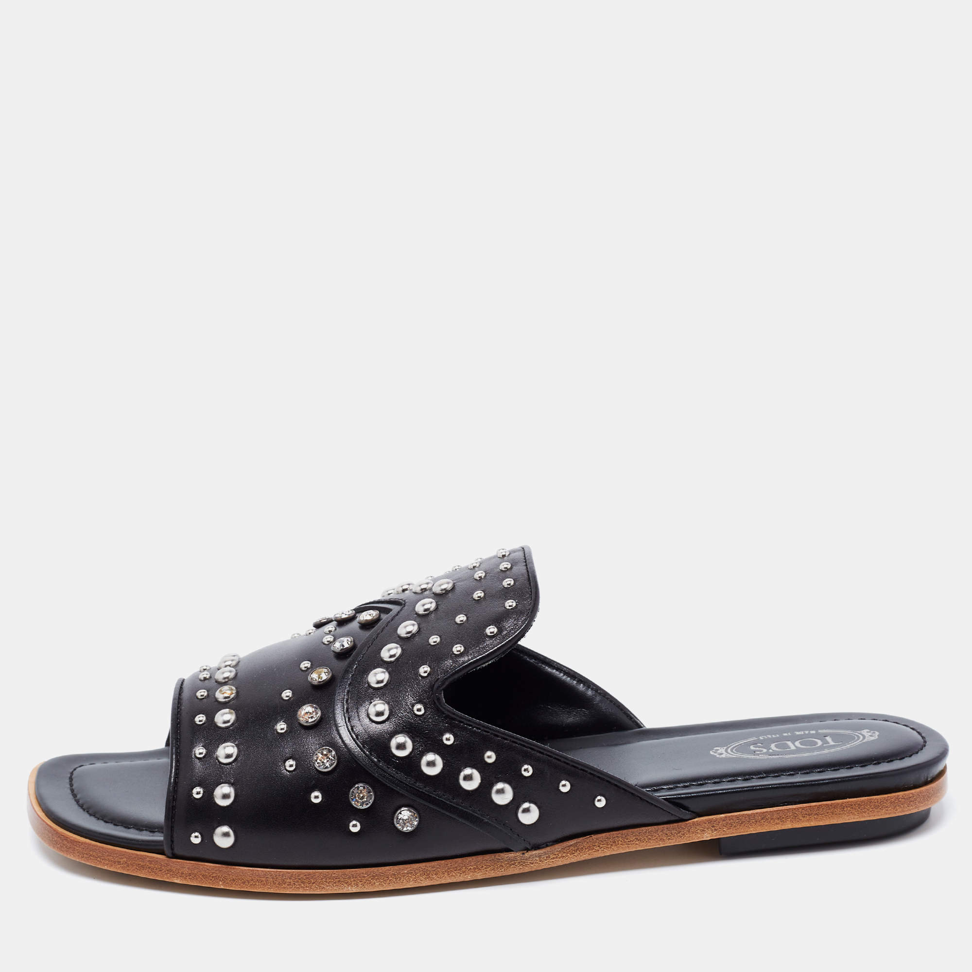 Pre Owned Tod's Black Leather Studded Open Toe  Mules Size 40