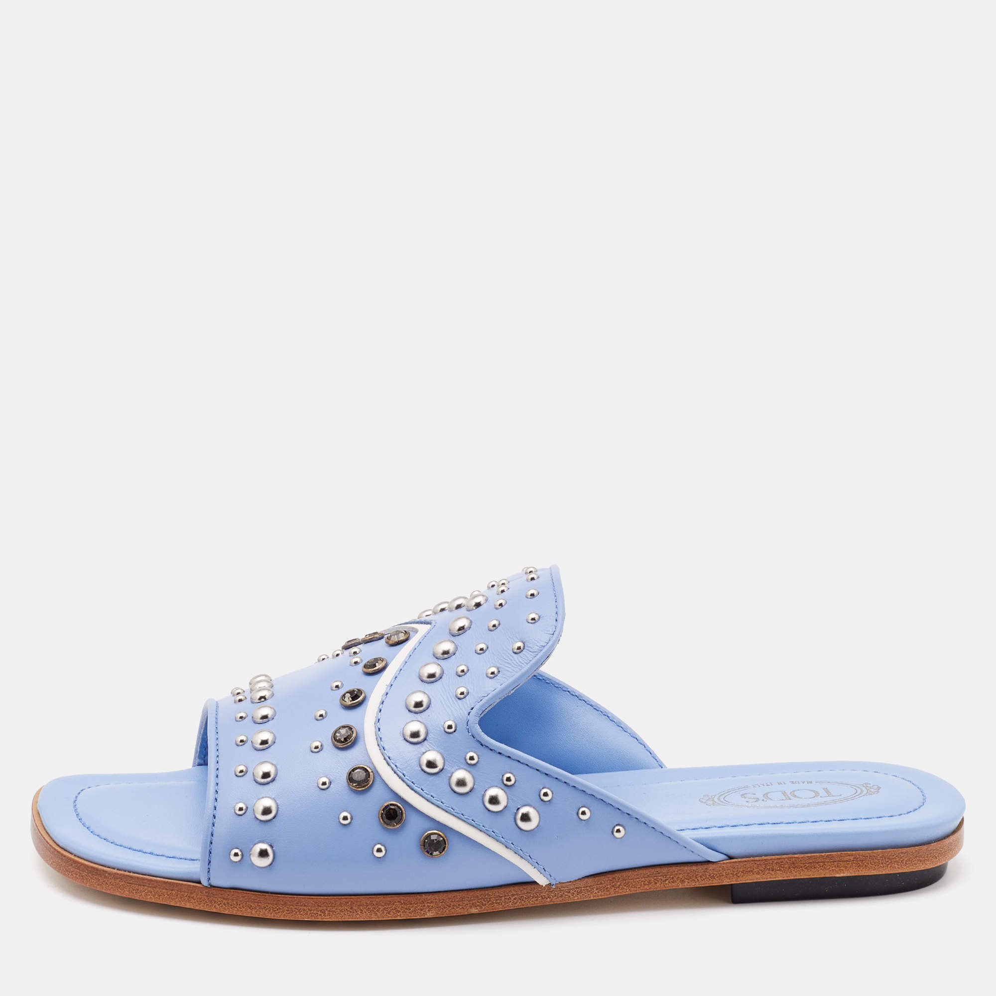 Pre Owned Tod's Light Blue Leather Studded Open Toe Flat Slide Sandals Size 37.5