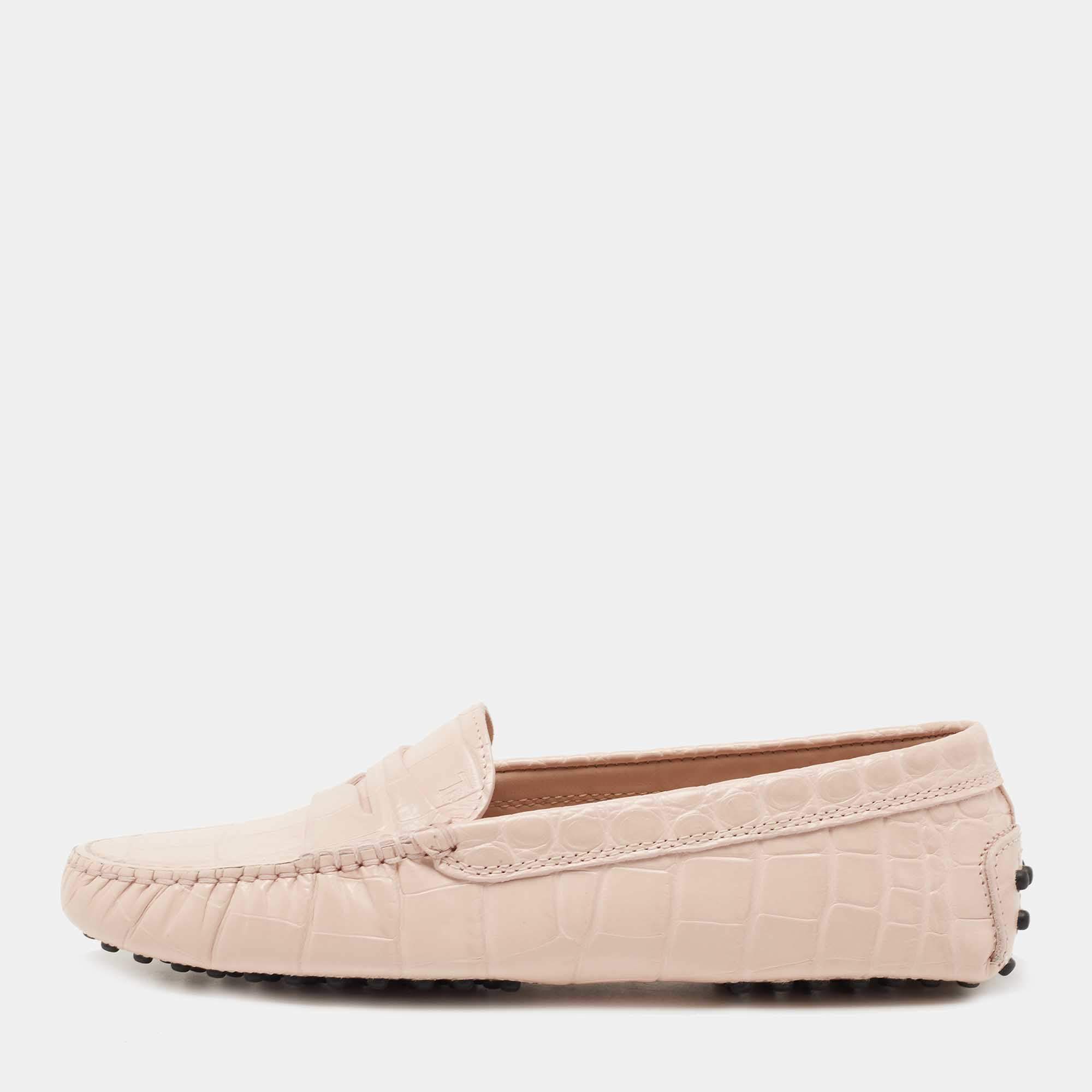 Pre Owned Tod's Light Pink Croc Embossed Leather Penny Loafers Size 36.5