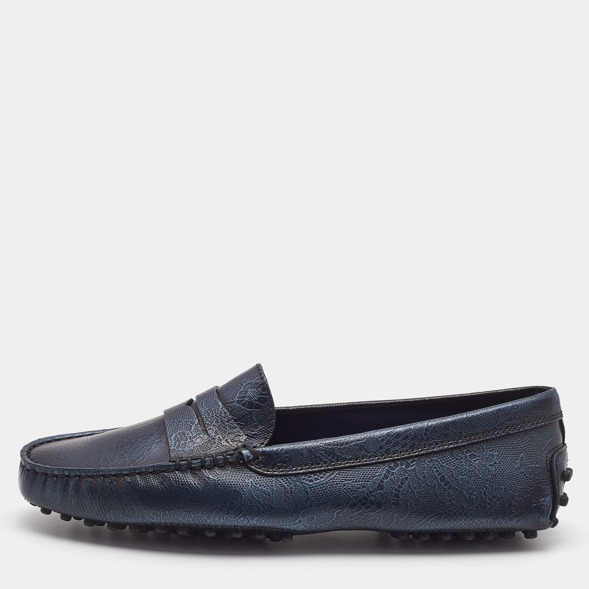 Pre Owned Tod's Navy Blue Embossed Leather Penny Driving Loafers Size 39