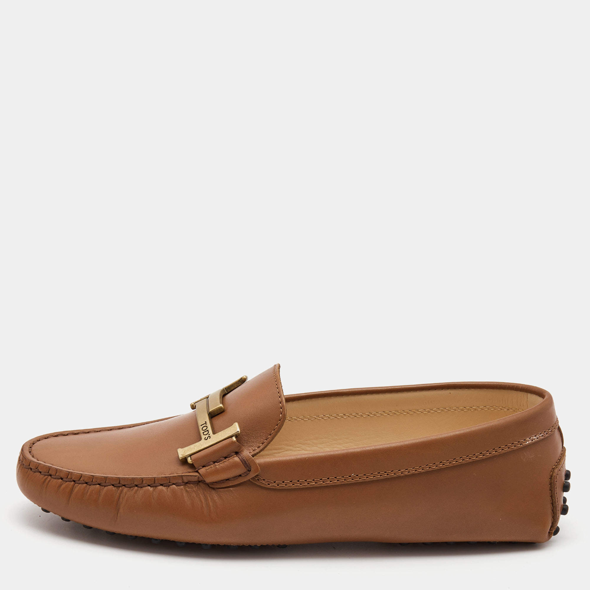 Pre Owned Tod's Brown Leather Double T Slip On Loafers Size 38.5