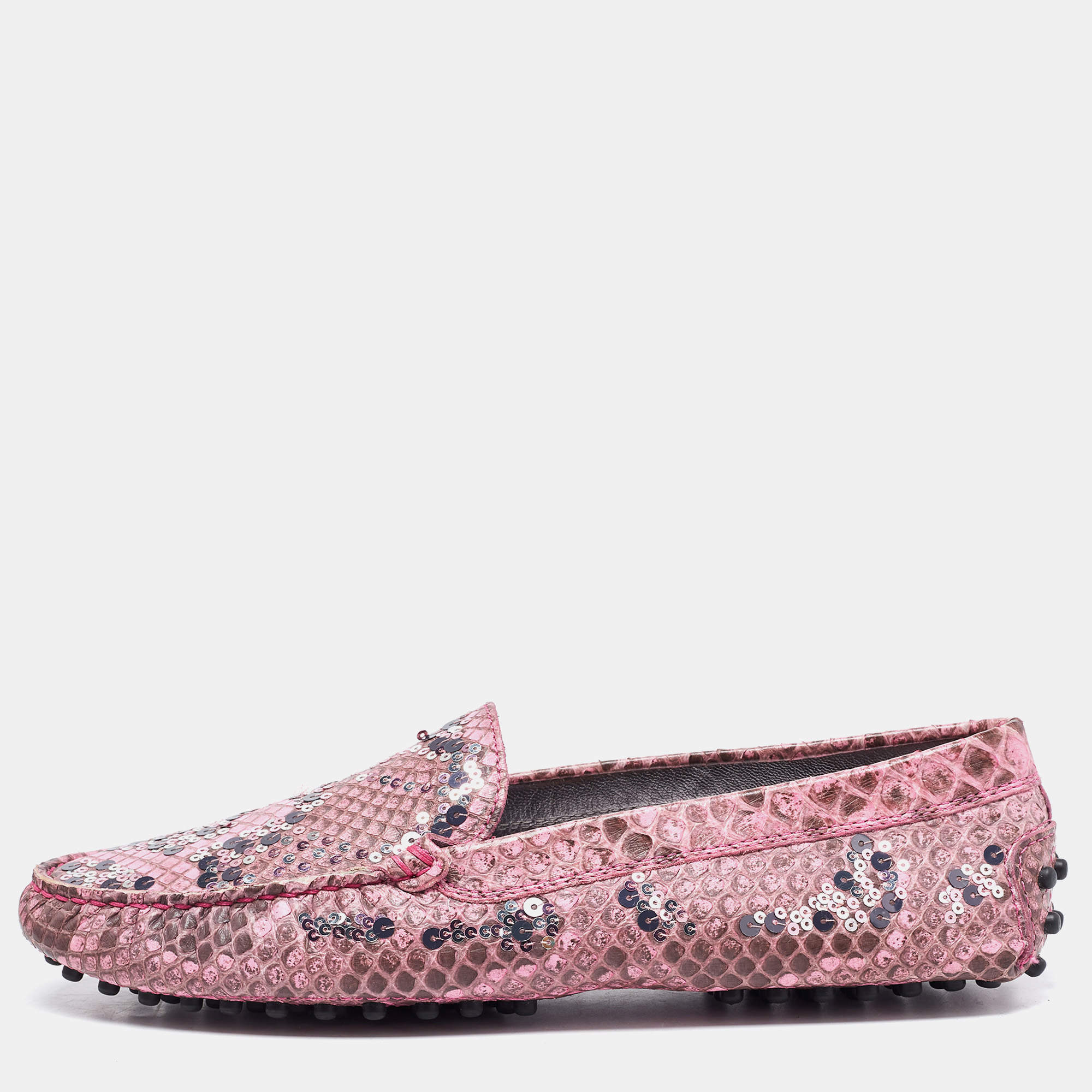 Pre Owned Tod's Pink Python Leather Embellished Loafers Size 37