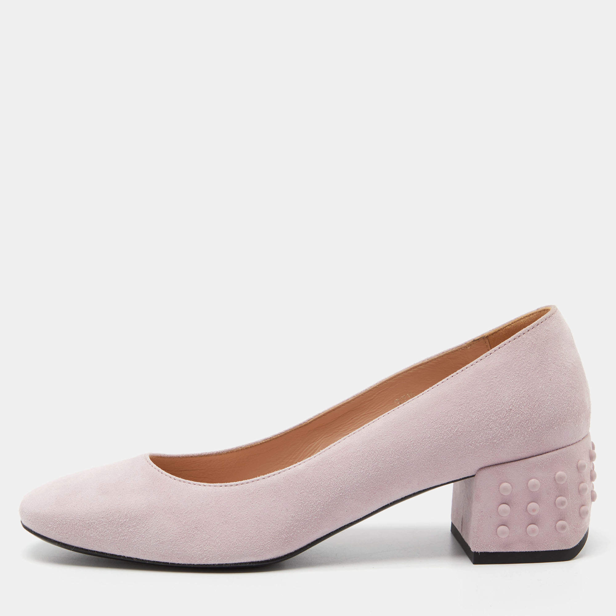 Pre Owned Tod's Pink Suede Studded Block Heel Pumps Size 37.5