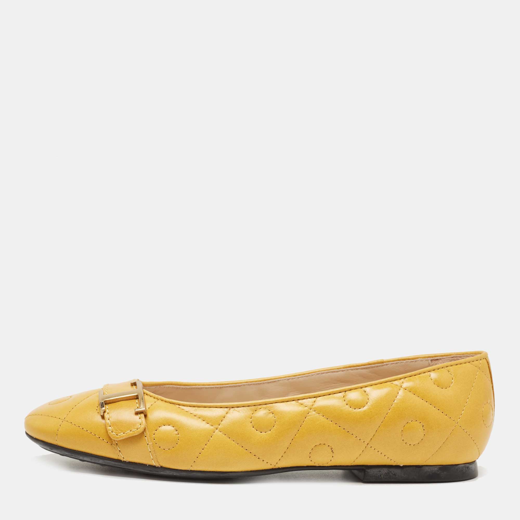 Pre Owned Tod's Yellow Quilted Leather T Ballet Flats Size 36.5