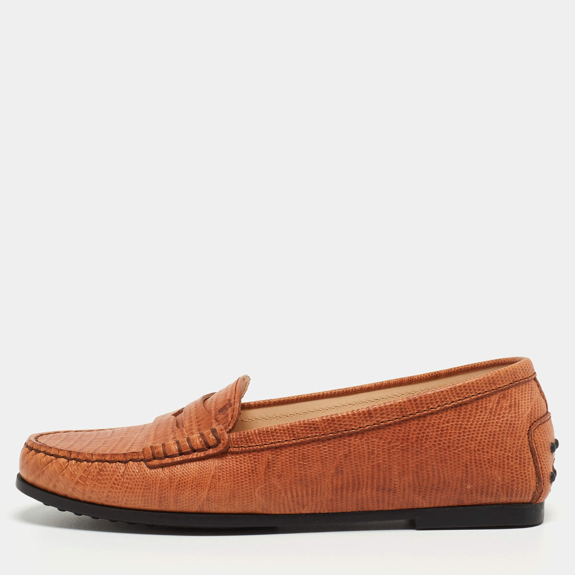 Pre Owned Tod's Brown Lizard Embossed Leather Gommino Penny Slip On Loafers Size 36.5