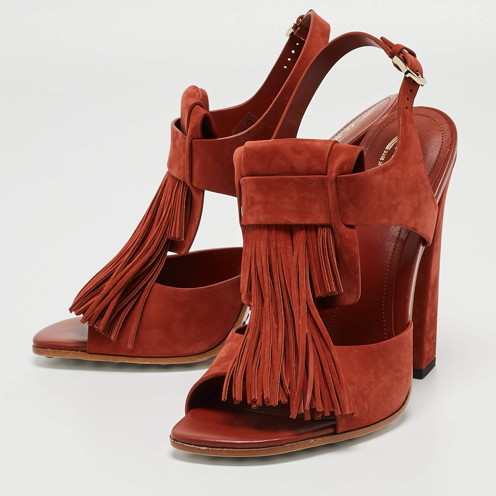 Pre Owned Tod's Maroon Suede Fringe Ankle Strap Sandals Size 40