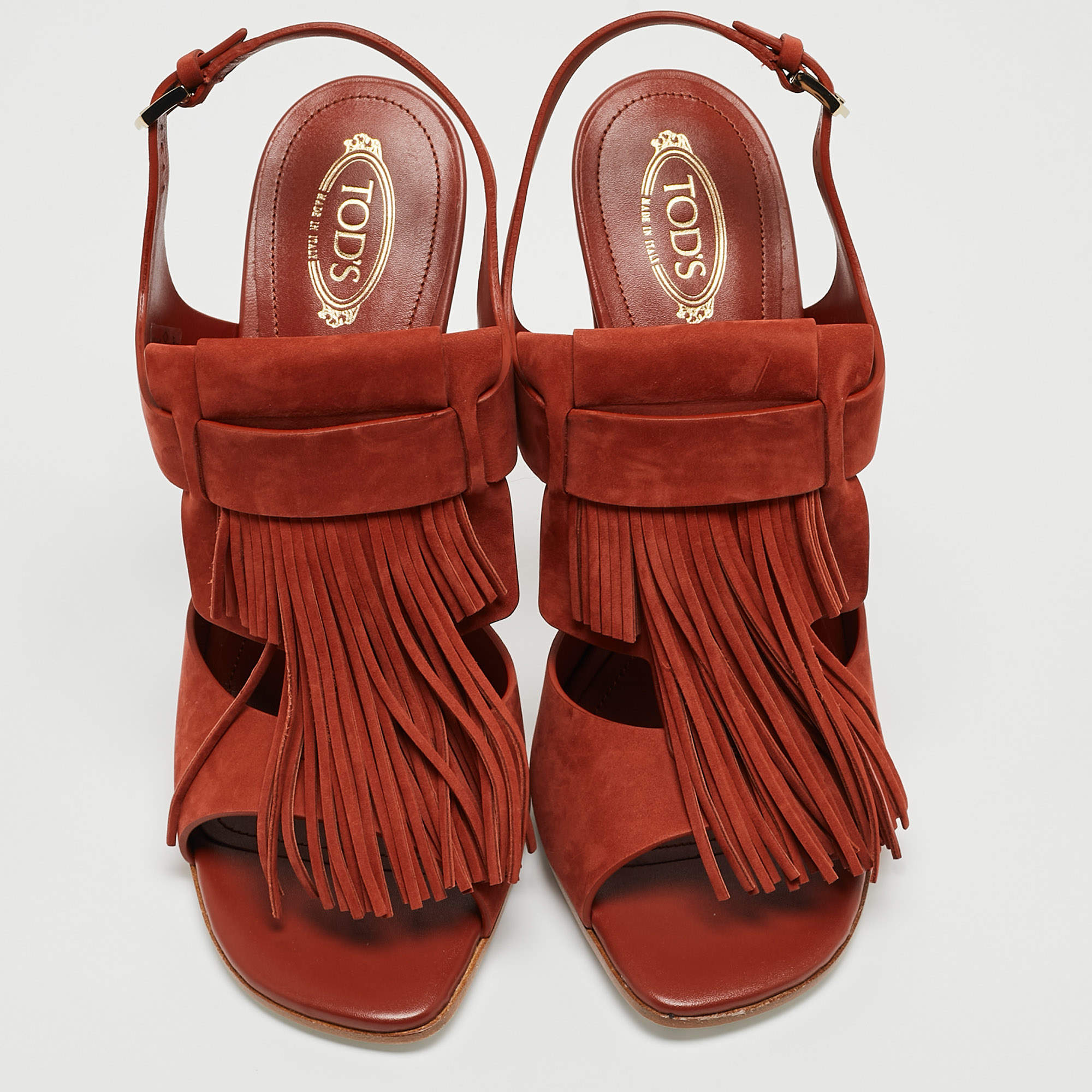 Pre Owned Tod's Maroon Suede Fringe Ankle Strap Sandals Size 40