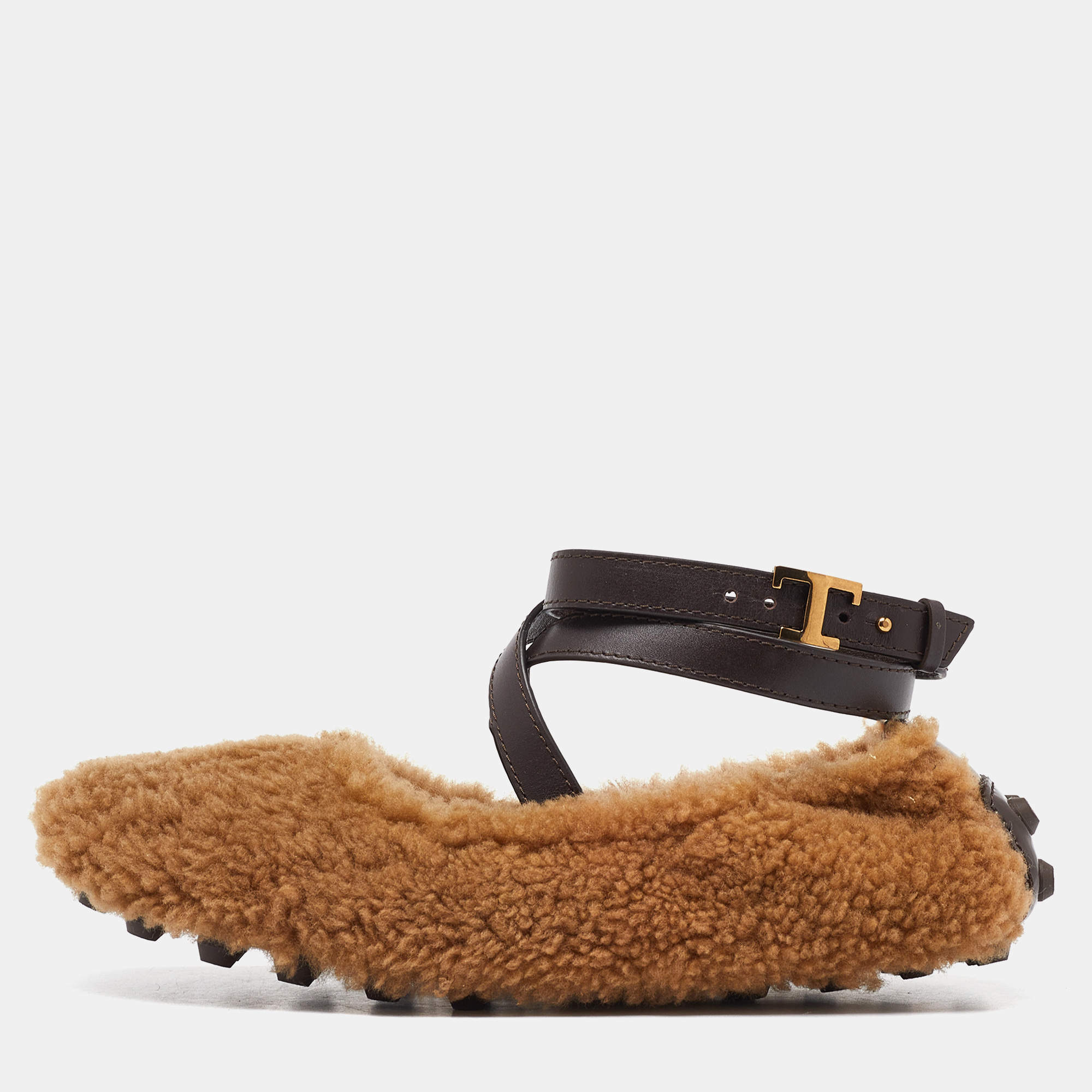 مملوكة مسبقًا حذاء باليرينا فلات تودز سكرانش صوف بني بحزام للكاحل مقاس 37