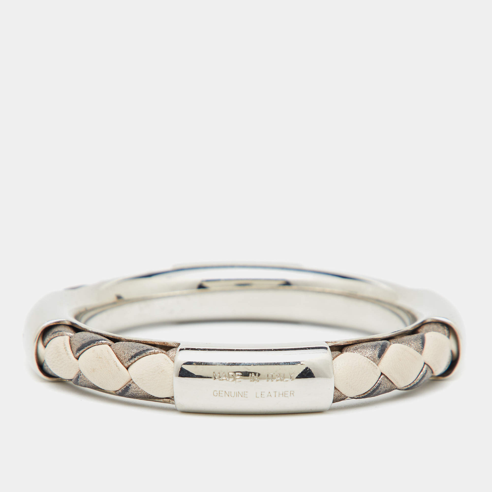 Tod's Silver Tone Braided Leather Bangle Bracelet