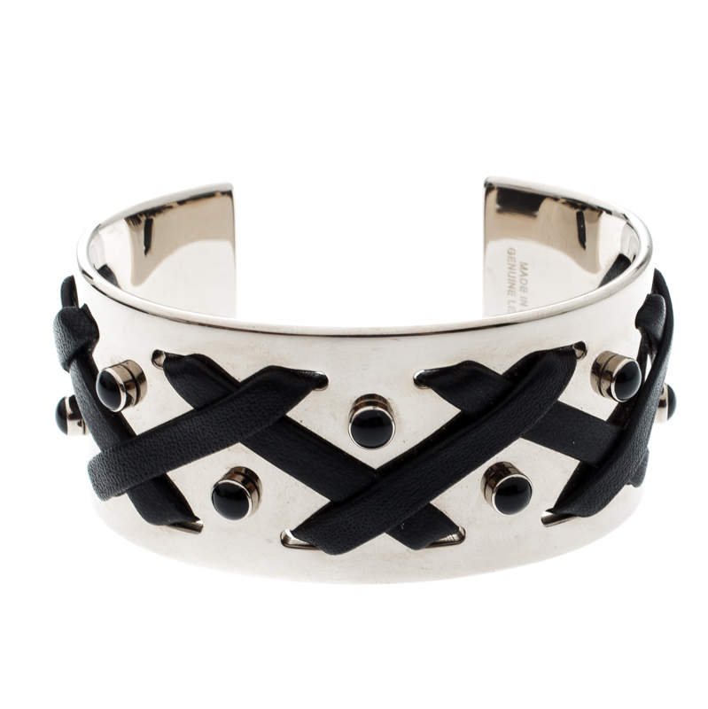 Pre Owned Tod's Black Leather Criss Cross Gold Tone Open Cuff Bracelet