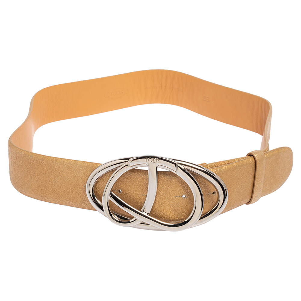 Tod's Metallic Gold Leather Buckle Belt 85 CM