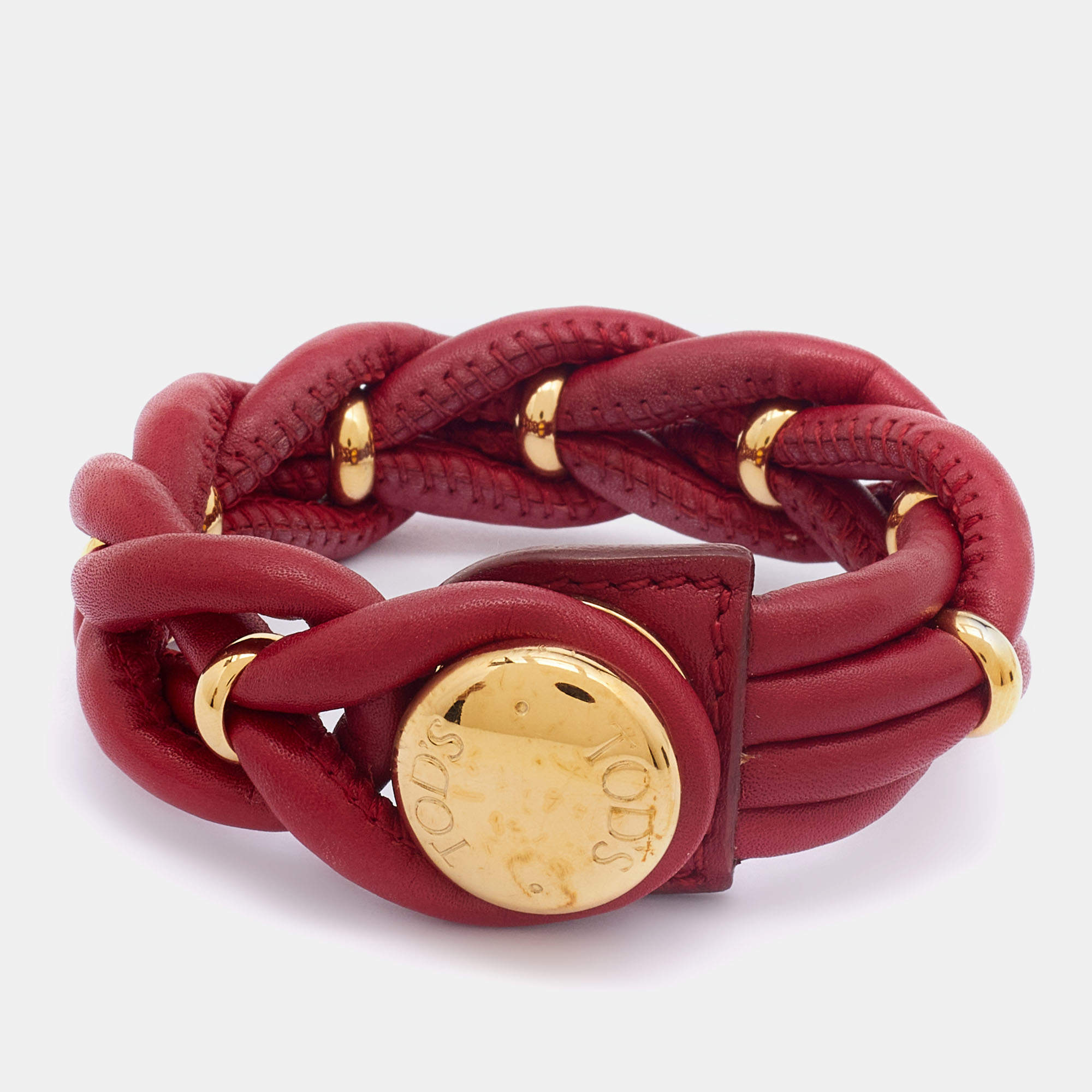 Pre Owned Tod's Deep Red Looped Leather Wrap Bracelet