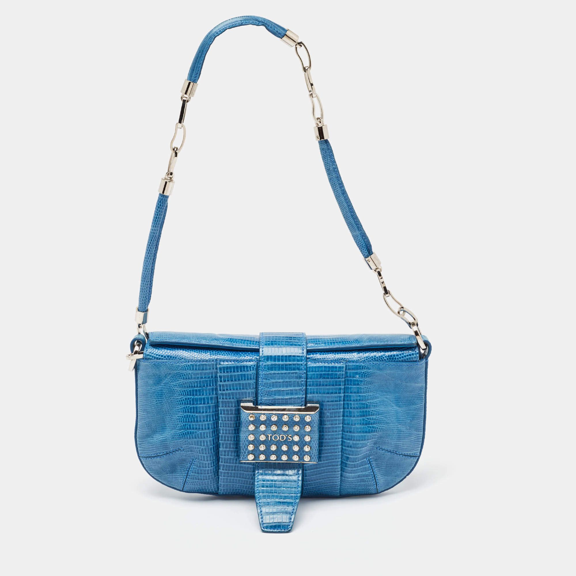 Tod's Blue Lizard Crystal Embellished Frame Shoulder Bag