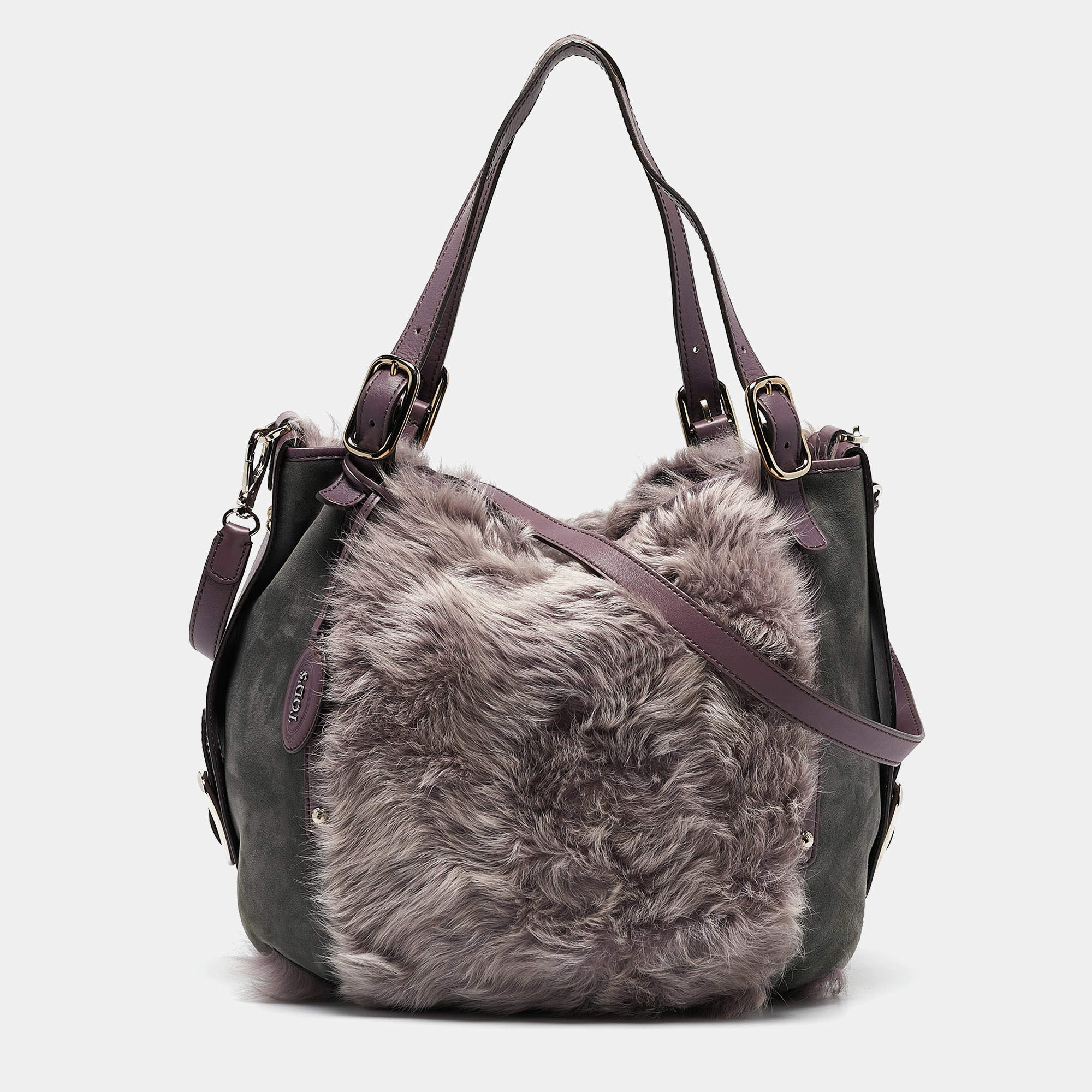 Tod's Purple/Grey Fur, Suede and Leather Buckle Hobo