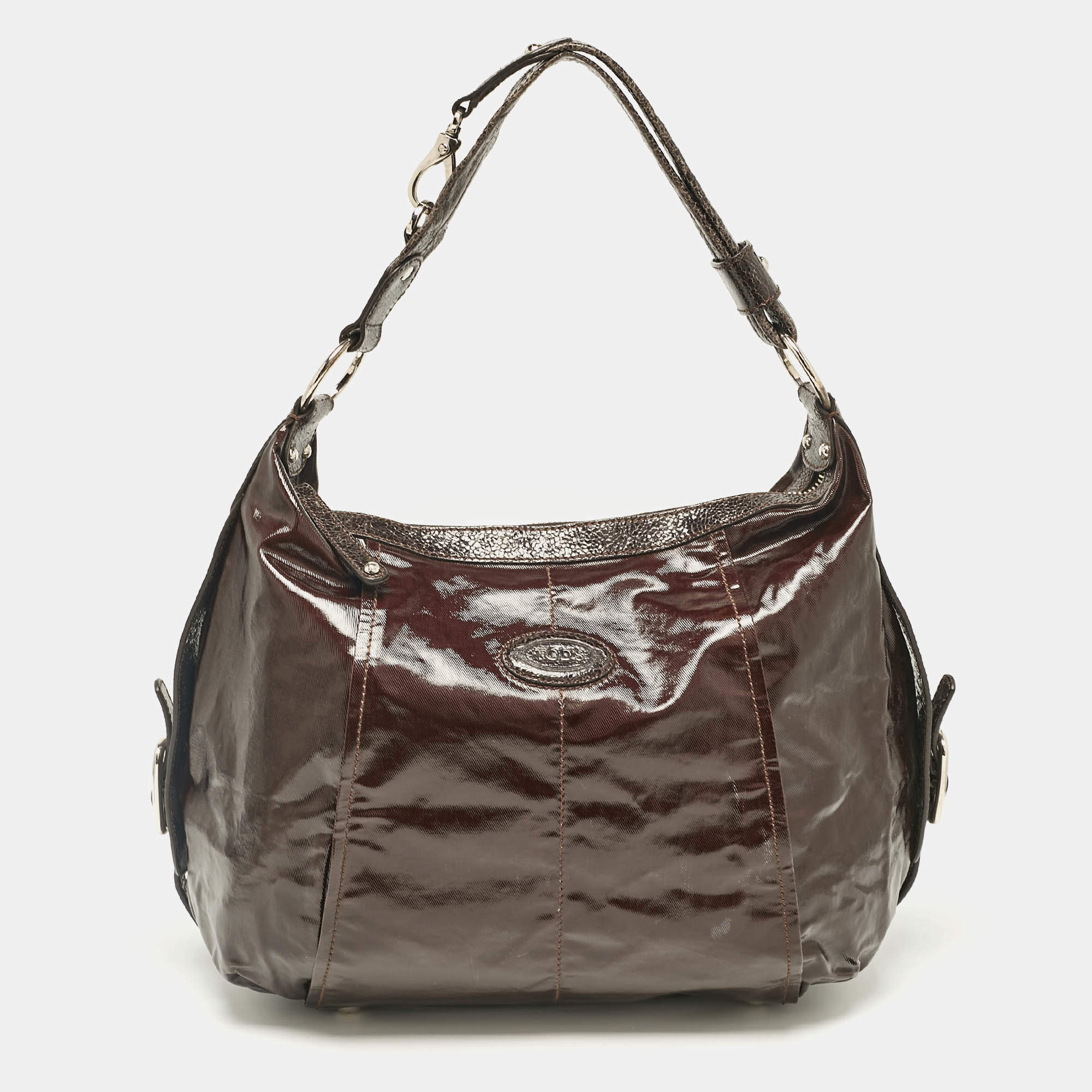 Tod's Dark Brown Coated Canvas and Crackled Patent Leather Side Buckle Hobo