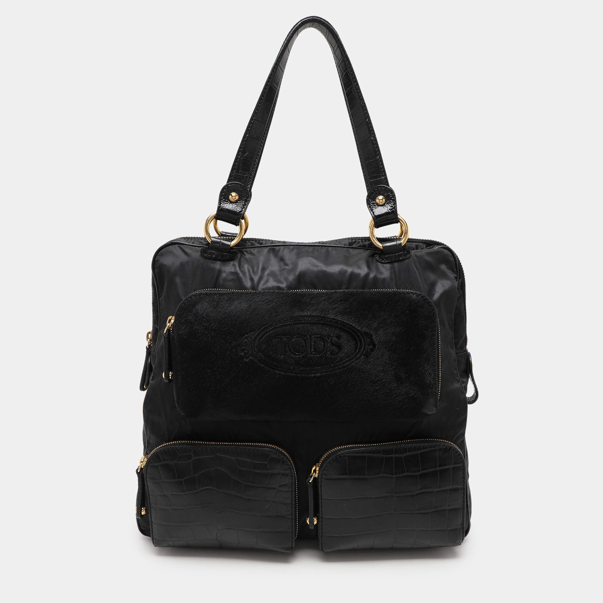 Tod's Black Calf Hair and Croc Embossed Leather D Bag