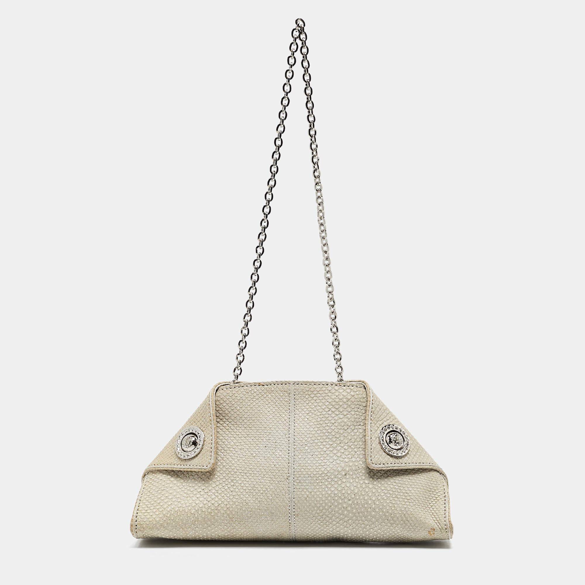 Tod's Light Grey Shimmer Lizard New Girelli Chain Clutch