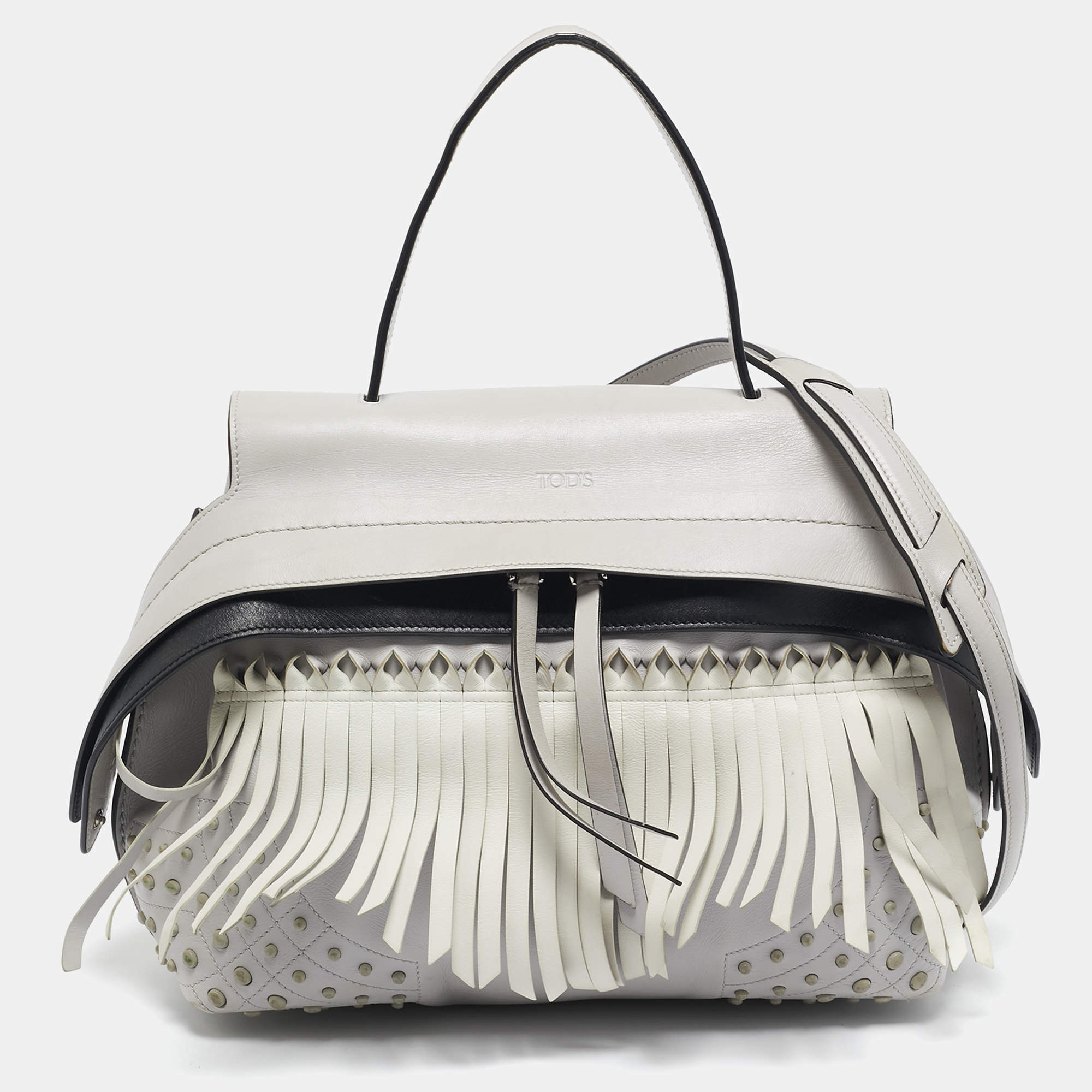 Tod's Light Grey/White Leather Origami Fringed Top Handle Bag