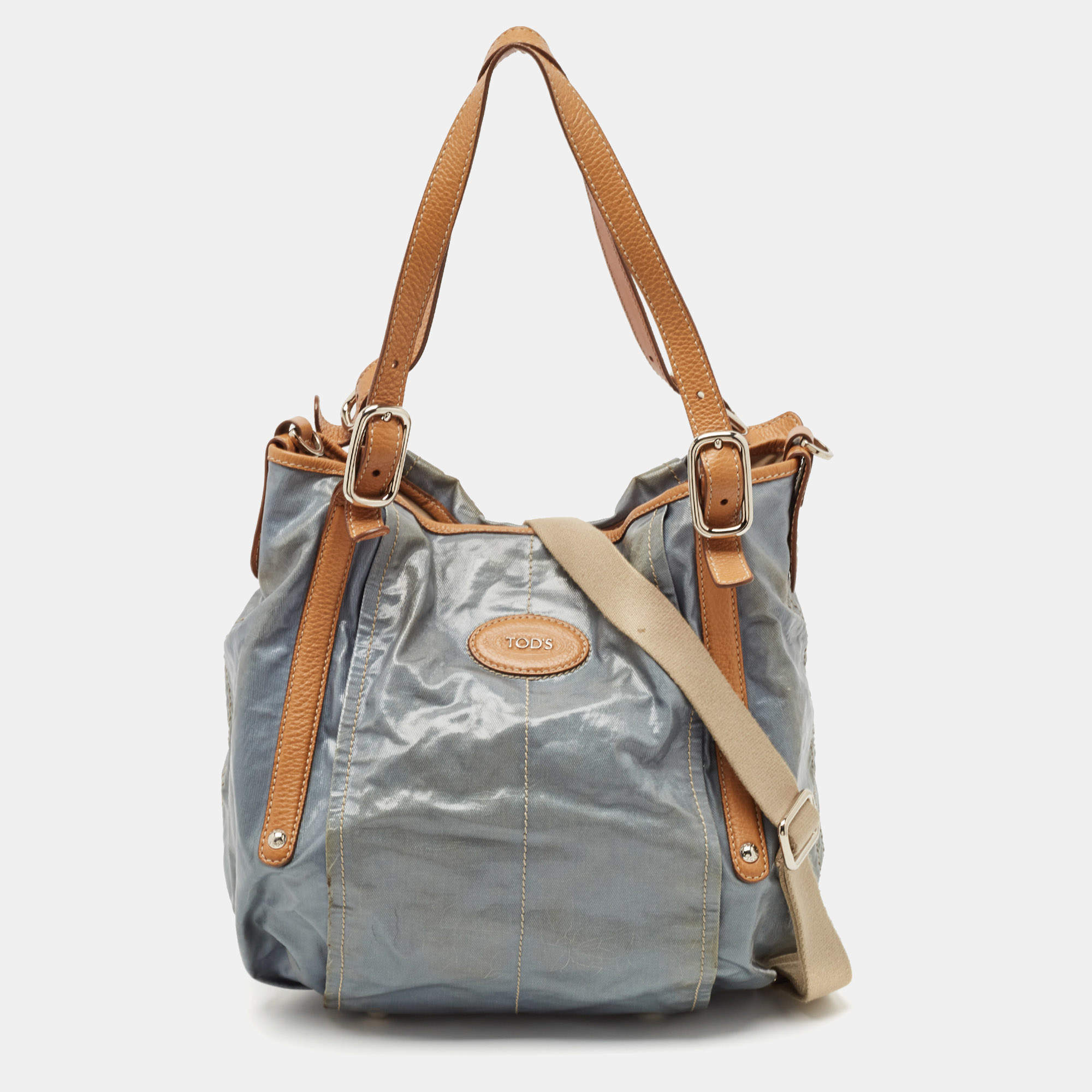 Tod's Light Blue/Brown Coated Denim and Leather G-Line Easy Sacca Bag