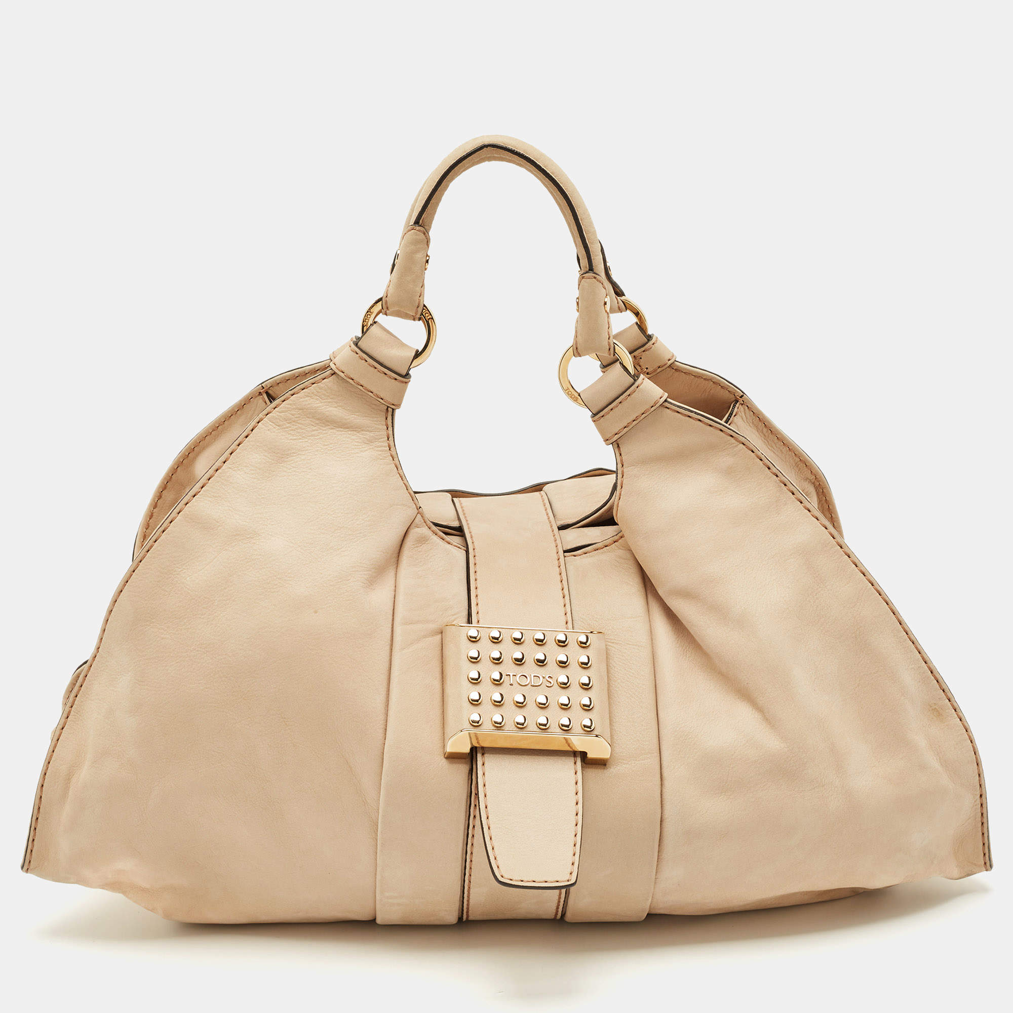 Tod's Beige Shimmer Nubuck Leather Studded Lock Flap Shoulder Bag