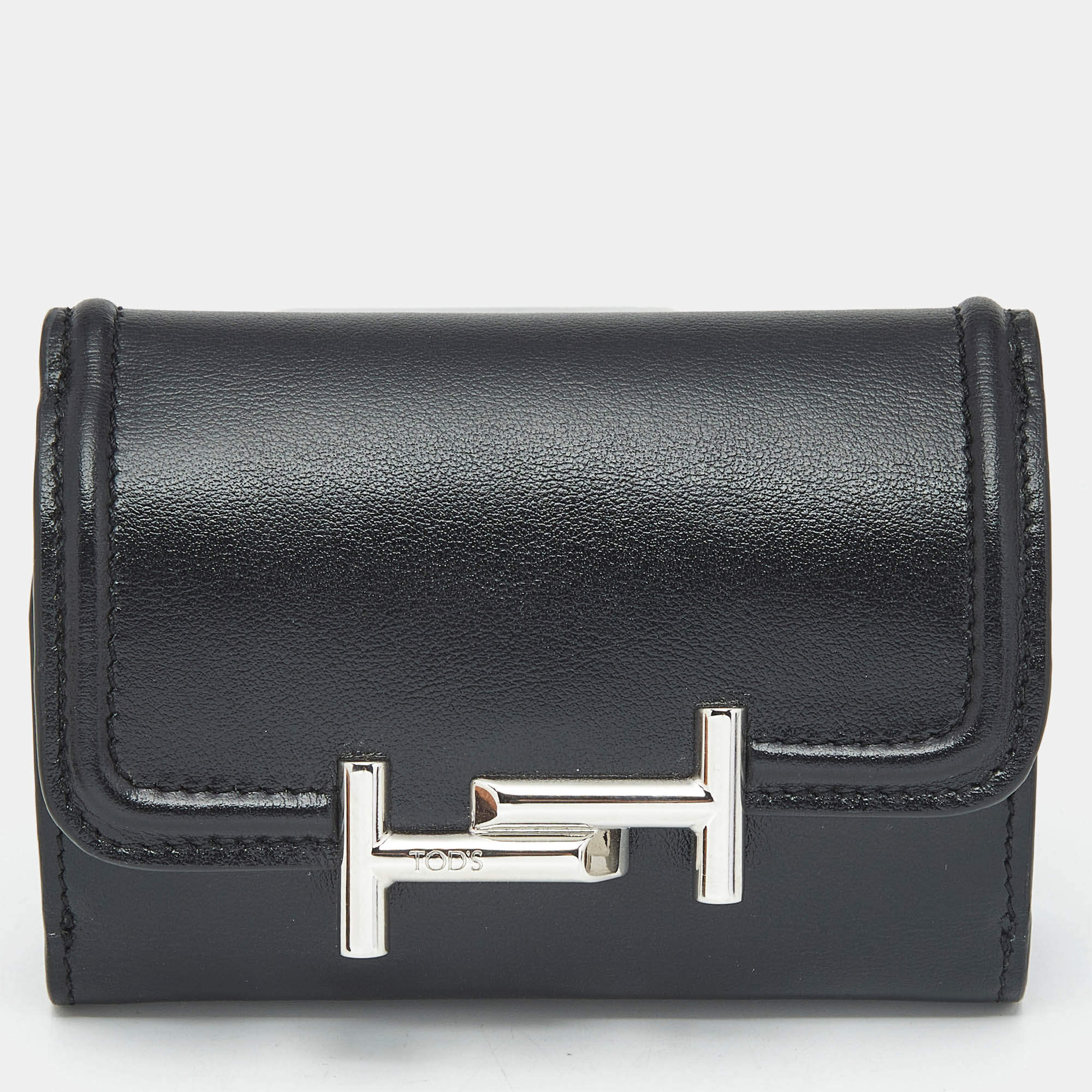 Pre Owned Tod's Black Leather Double T Trifold Wallet