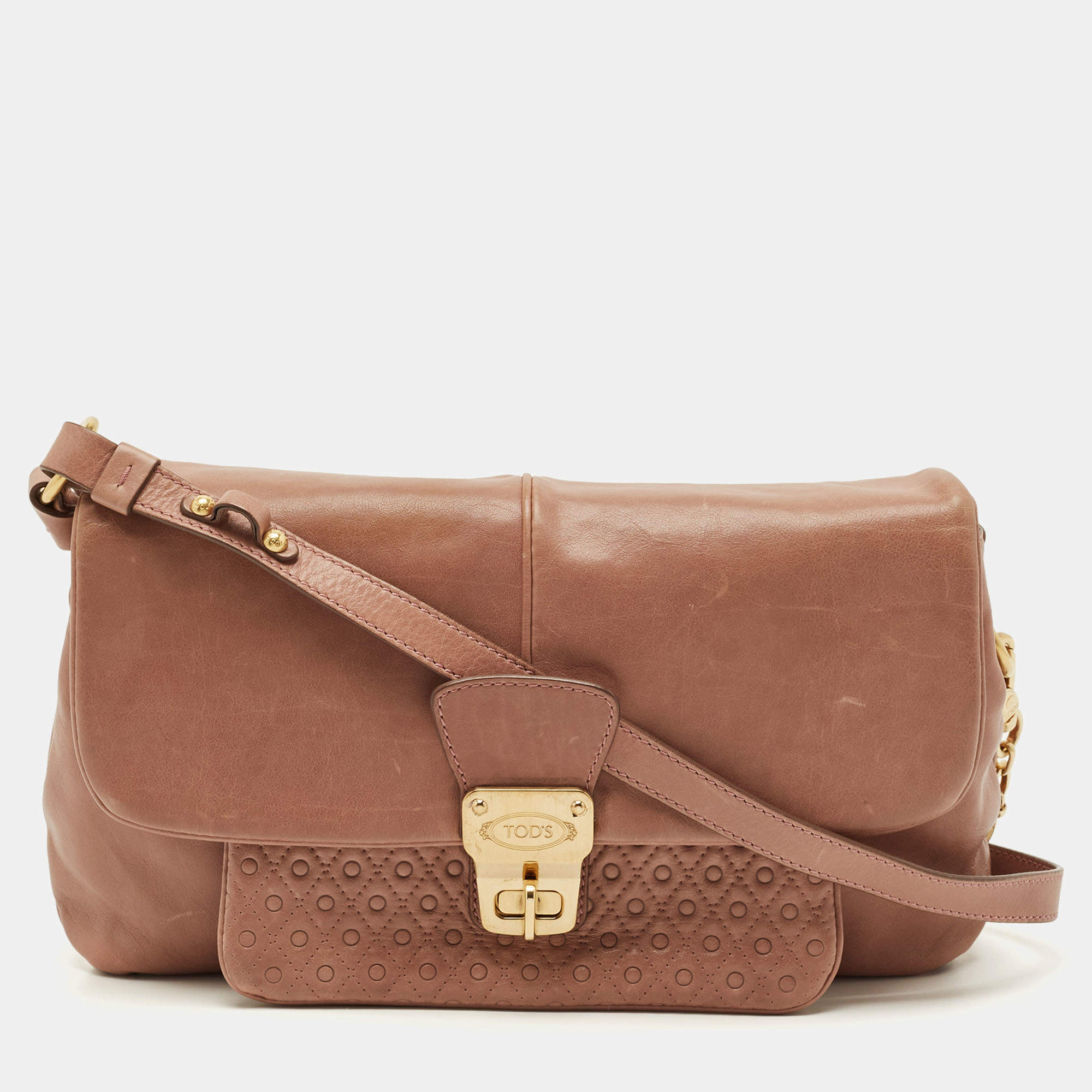 Pre Owned Tod's Old Rose Leather Turnlock Flap Shoulder Bag