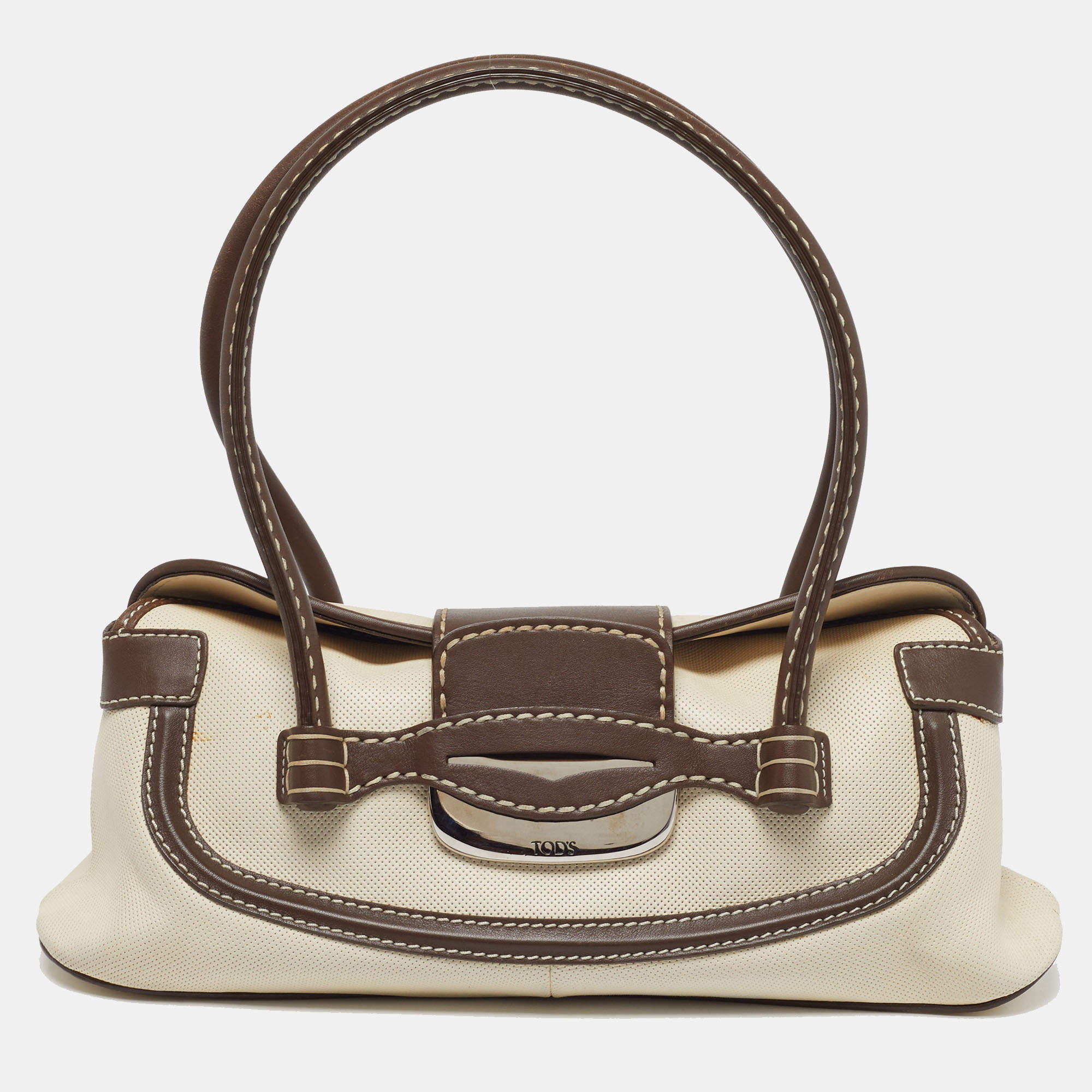 Pre Owned Tod's Flap Brown/Off White Canvas and Leather Satchel