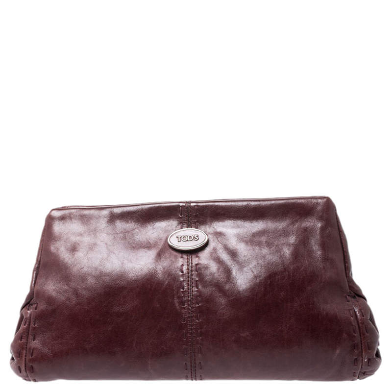 Tod's Maroon Leather Fan Knot Clutch
