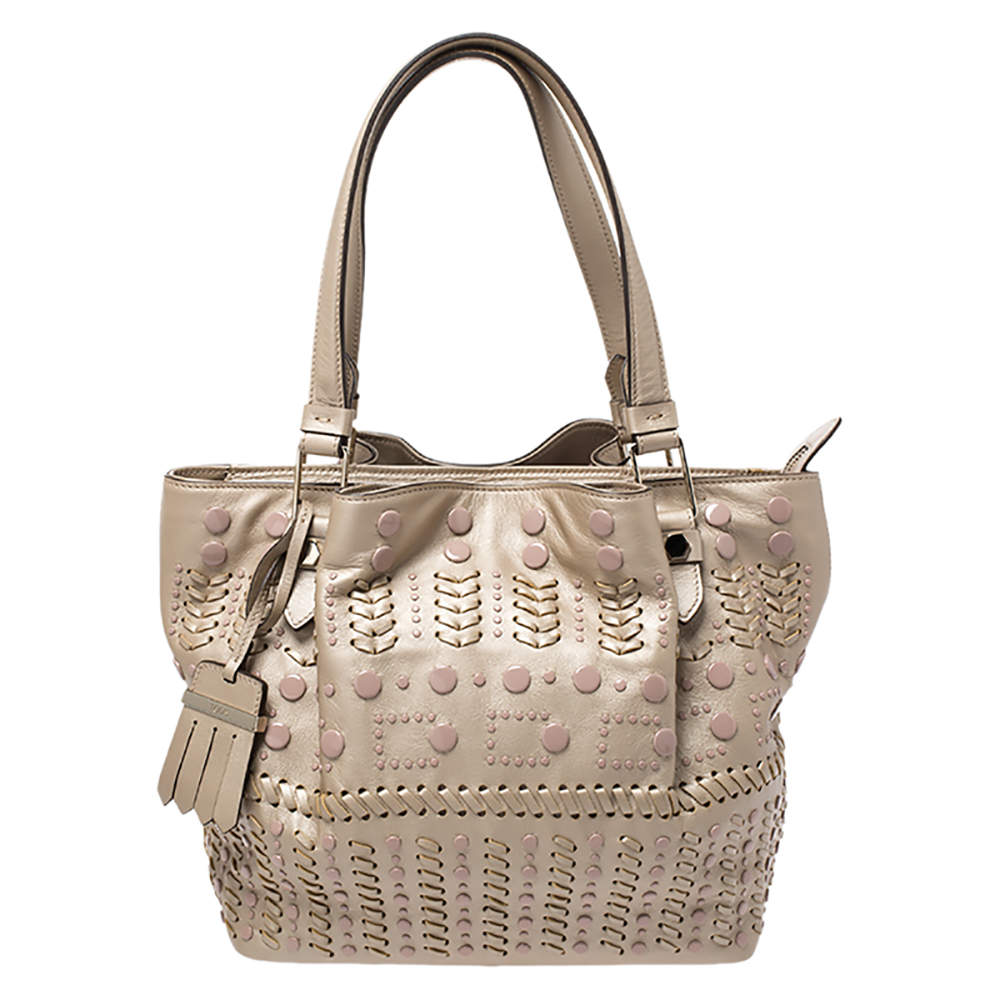 Pre Owned Tod's Metallic Beige Leather Small Studded Flower Tote