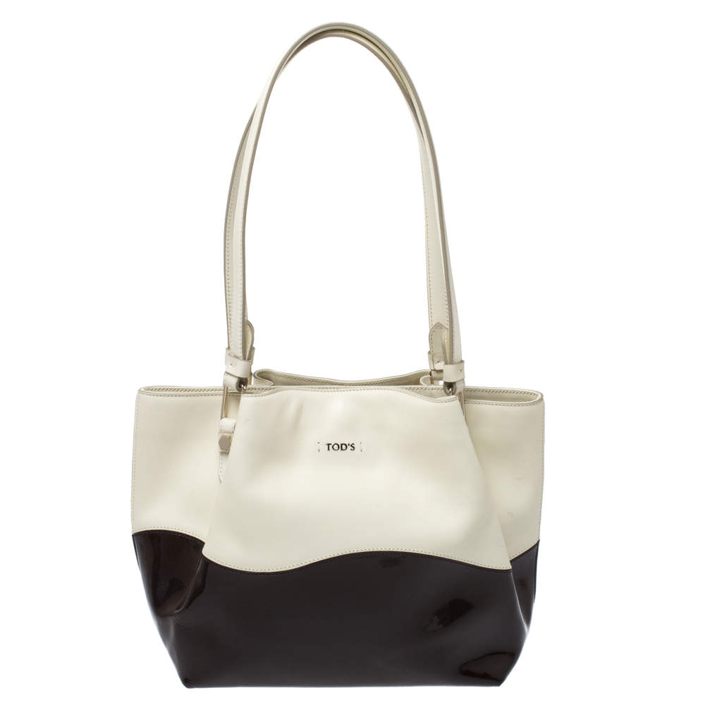 Pre Owned Tod's Cream/Brown Leather and Patent Leather Flower Tote