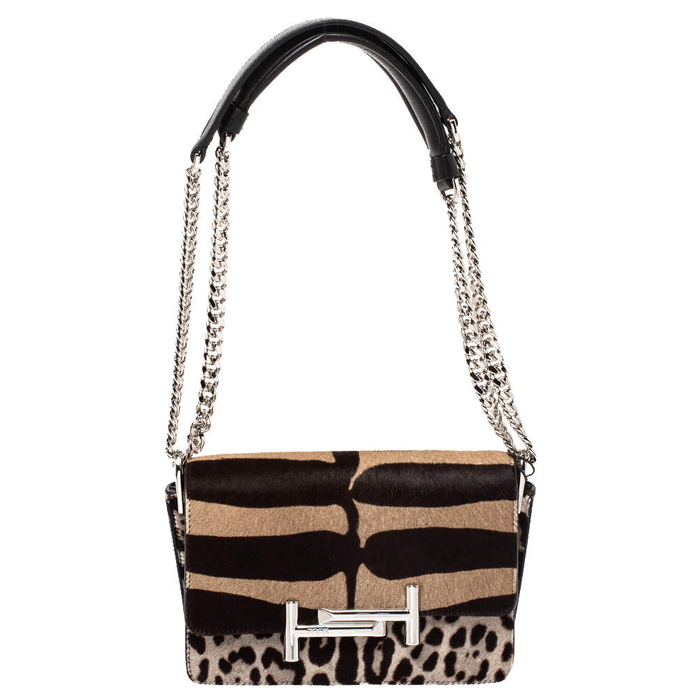 Pre Owned حقيبة كتف تودز T مزدوج ميني شعر عجل طباعة فهد بيج/ بني