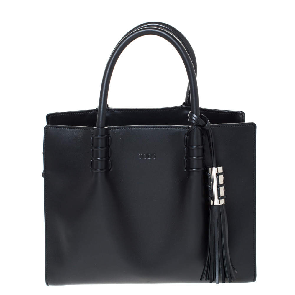 Tod's Black Leather Tassel Detail Tote