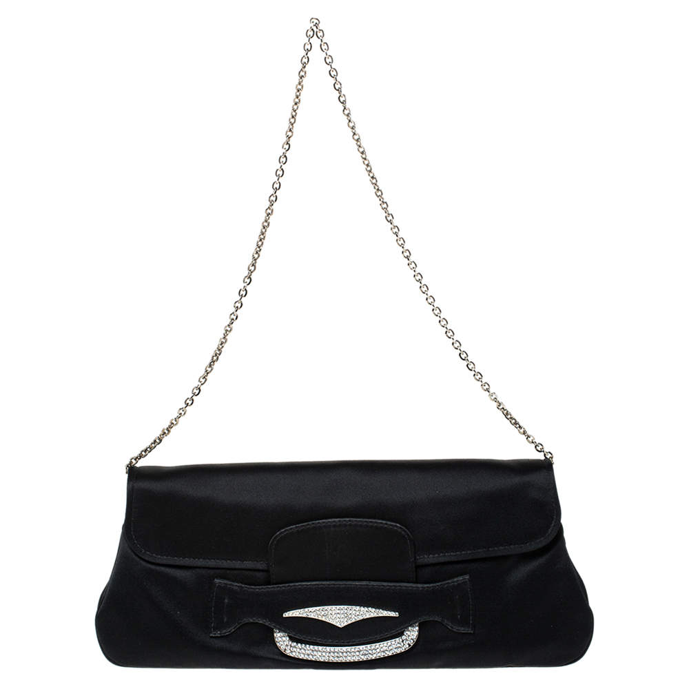 Pre Owned Tod's Black Satin Crystal Embellished Flap Chain Clutch