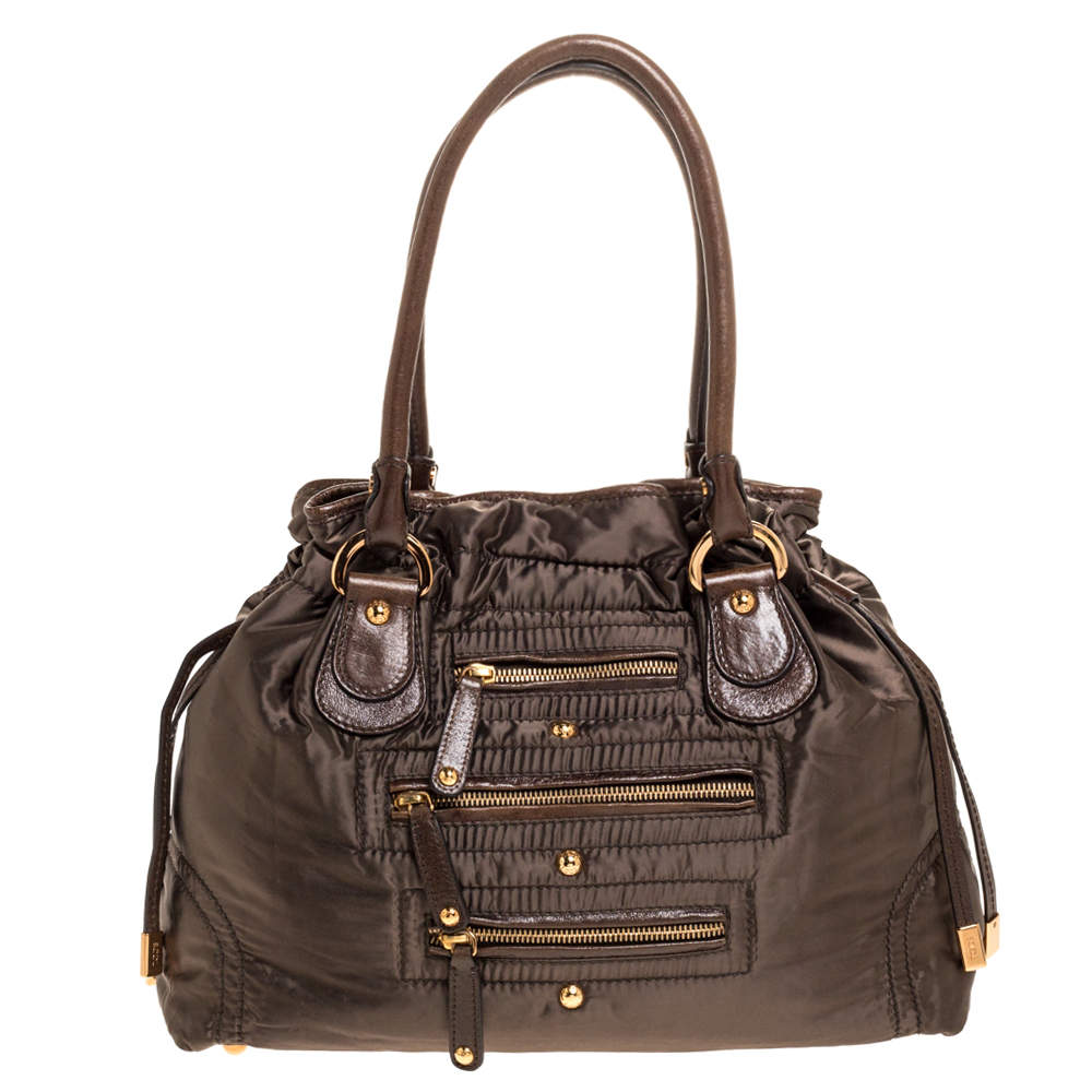 Tod's Olive Green Nylon and Leather Drawstring Satchel