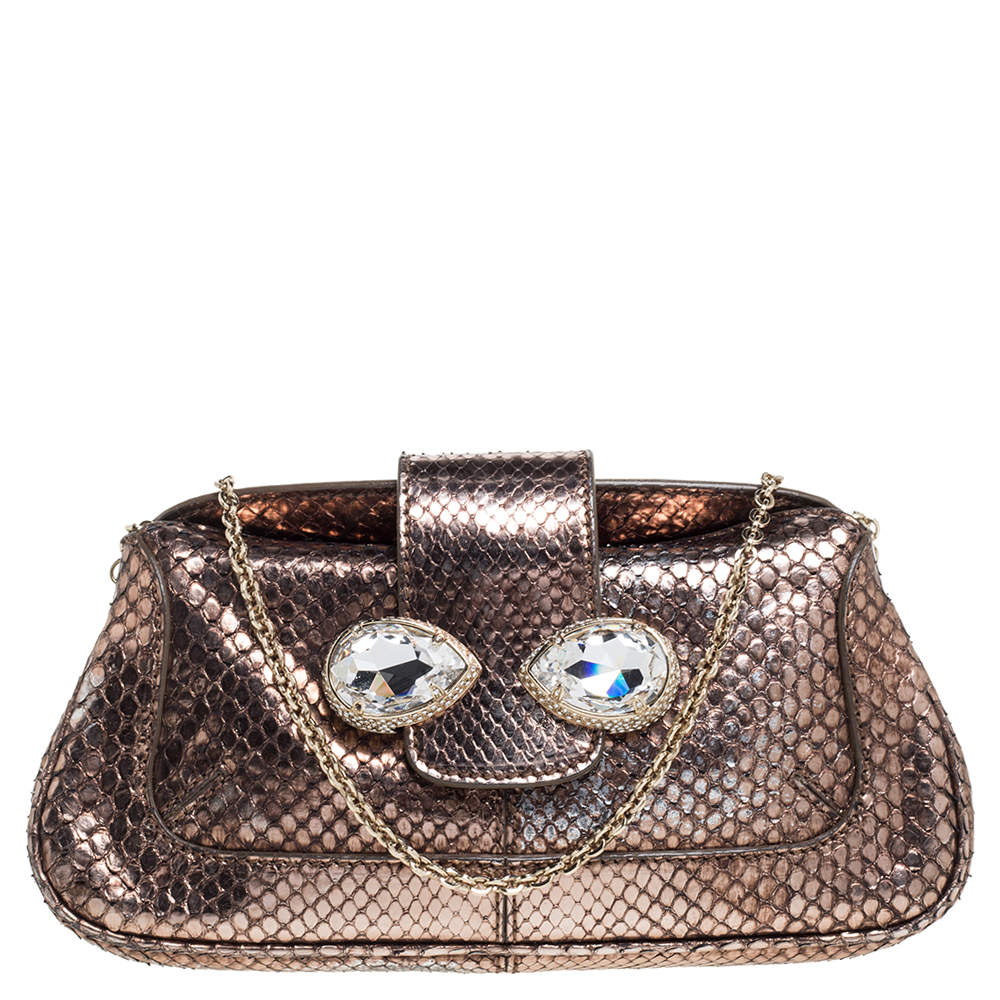 Tod's Metallic Bronze Snakeskin Crystal Embellished Lock Chain Clutch