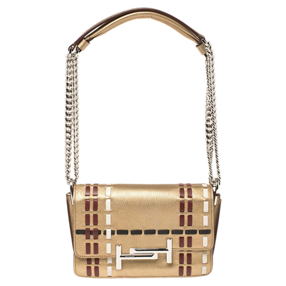 Pre Owned حقيبة كروس تودز شراشيب حرف تي مزدوجة ميني جلد ذهبية