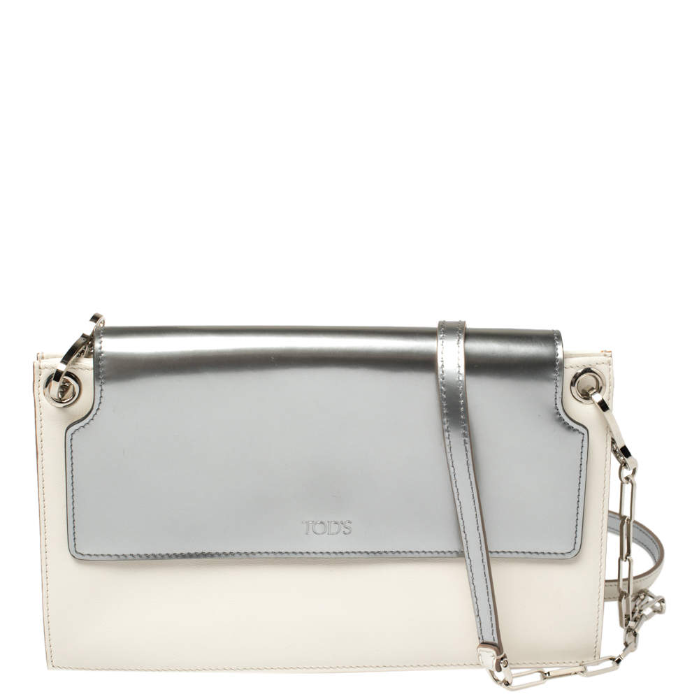 Tod's White/Silver Leather Flap Chain Clutch