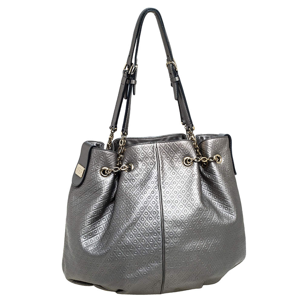 Tod's Metallic Grey Embossed Leather Drawstring Chain Tote